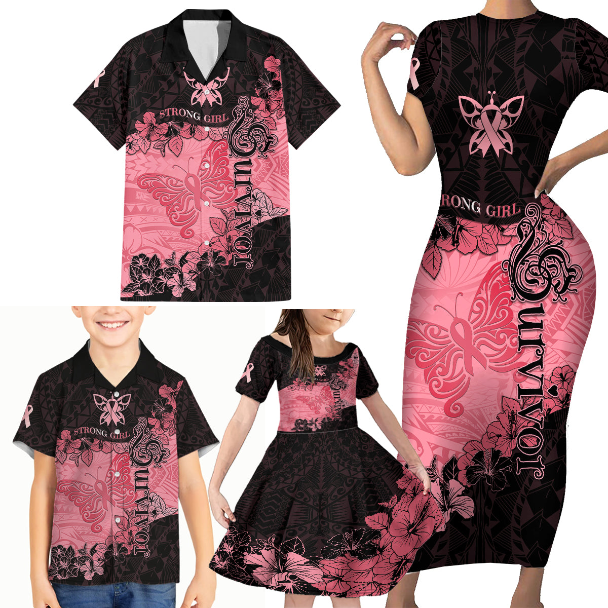 Personalized Breast Cancer Family Matching Short Sleeve Bodycon Dress and Hawaiian Shirt Survivor Polynesian Ribbon Butterfly LT05 - Polynesian Pride