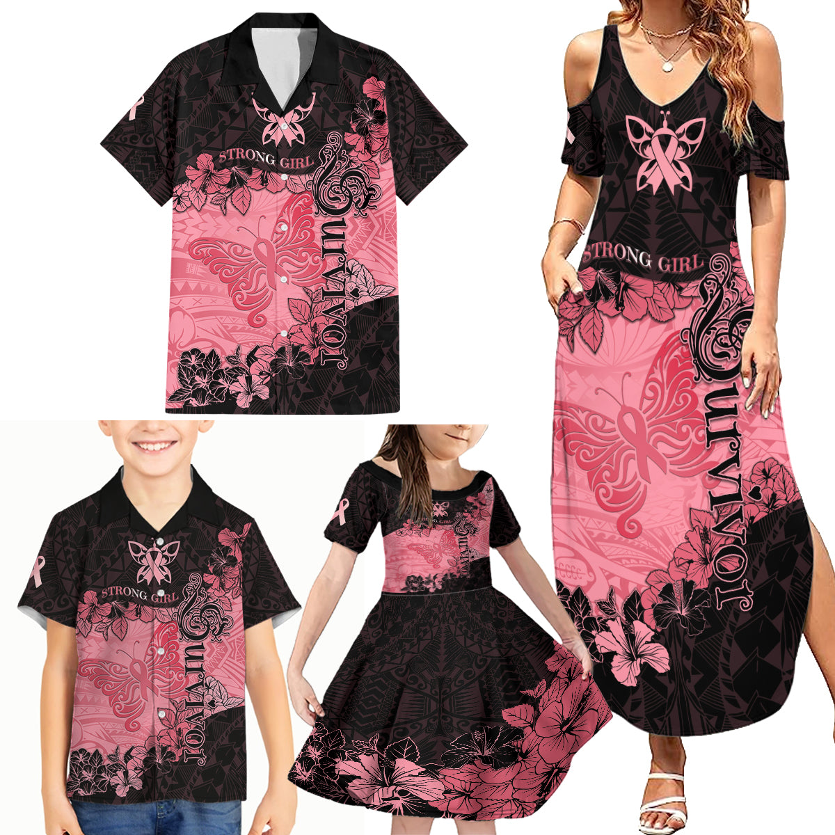 Personalized Breast Cancer Family Matching Summer Maxi Dress and Hawaiian Shirt Survivor Polynesian Ribbon Butterfly LT05 - Polynesian Pride