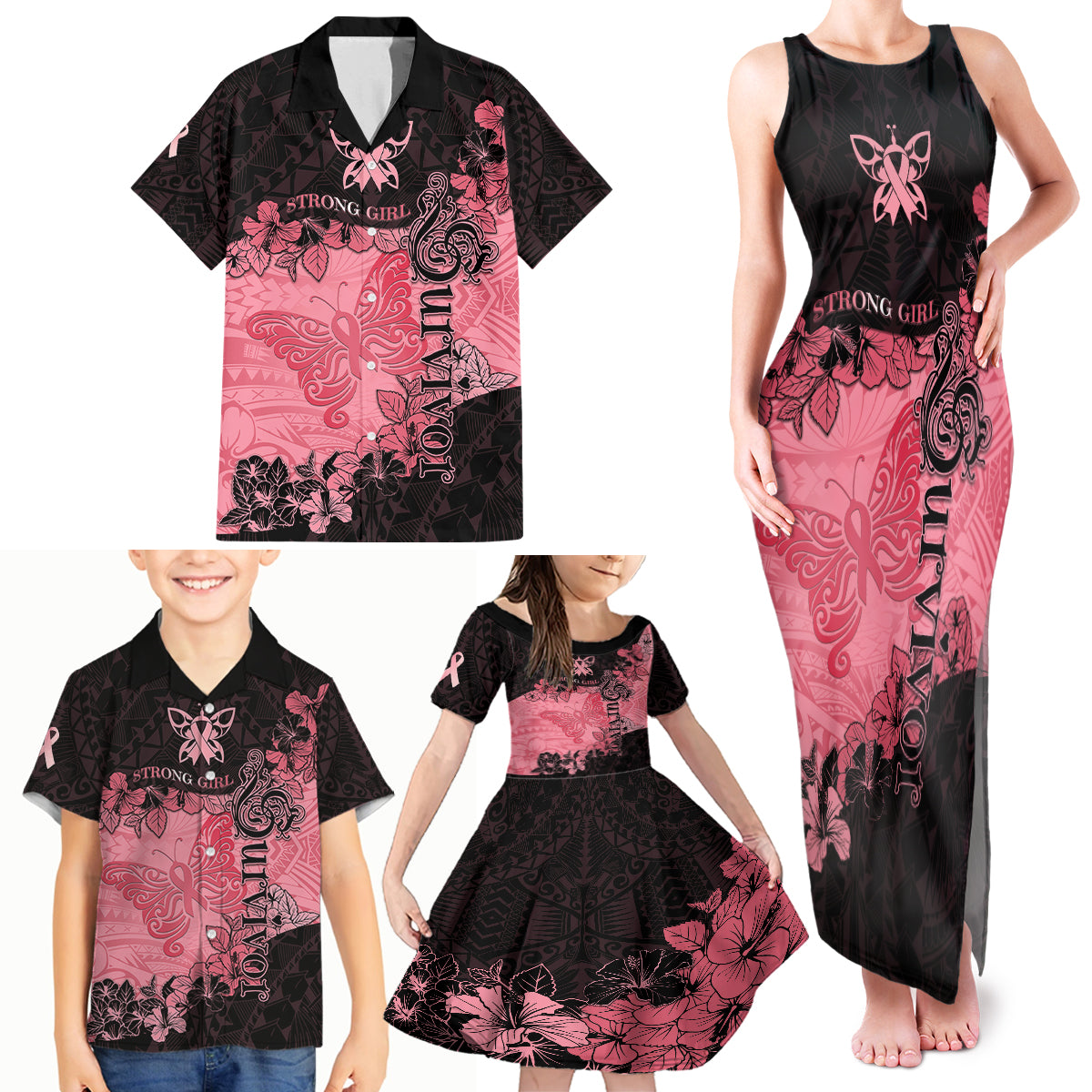 Personalized Breast Cancer Family Matching Tank Maxi Dress and Hawaiian Shirt Survivor Polynesian Ribbon Butterfly LT05 - Polynesian Pride