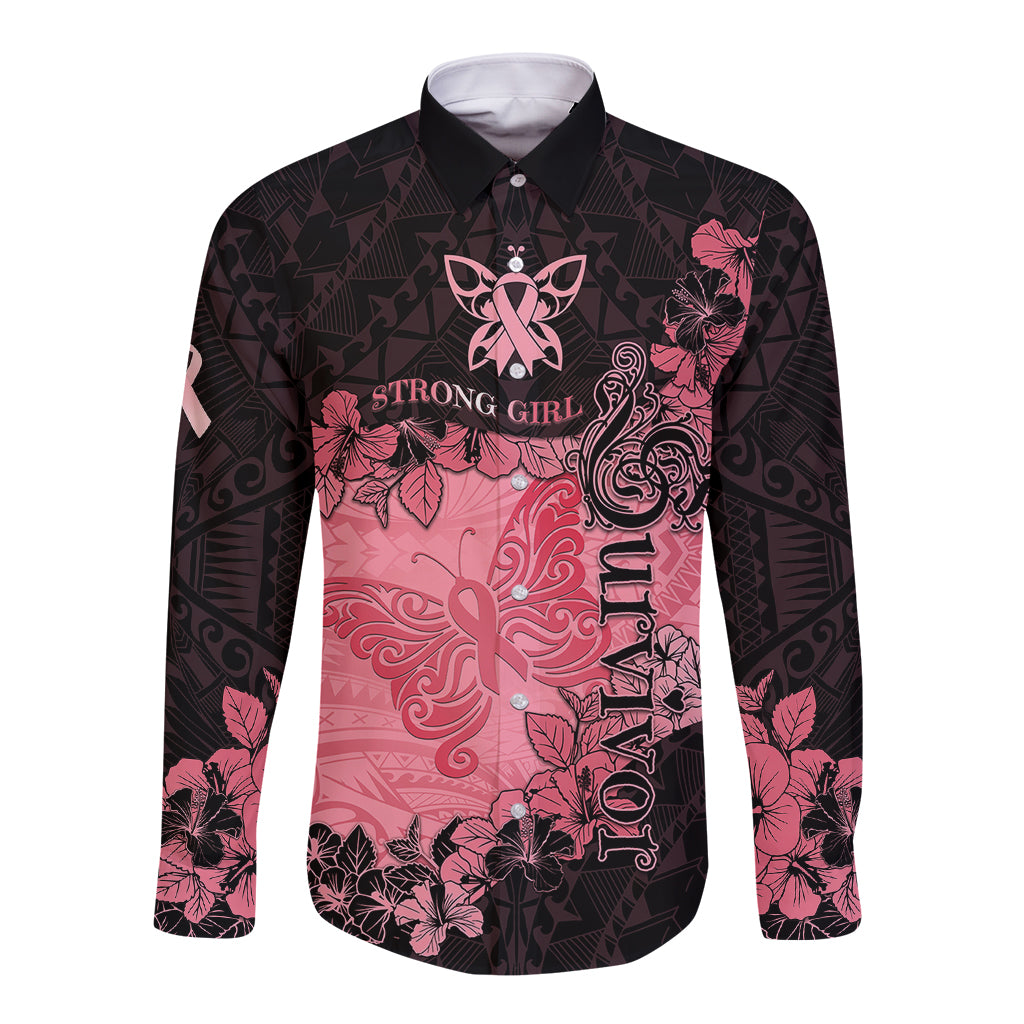 Personalized Breast Cancer Long Sleeve Button Shirt Survivor Polynesian Ribbon Butterfly LT05 Unisex Pink - Polynesian Pride