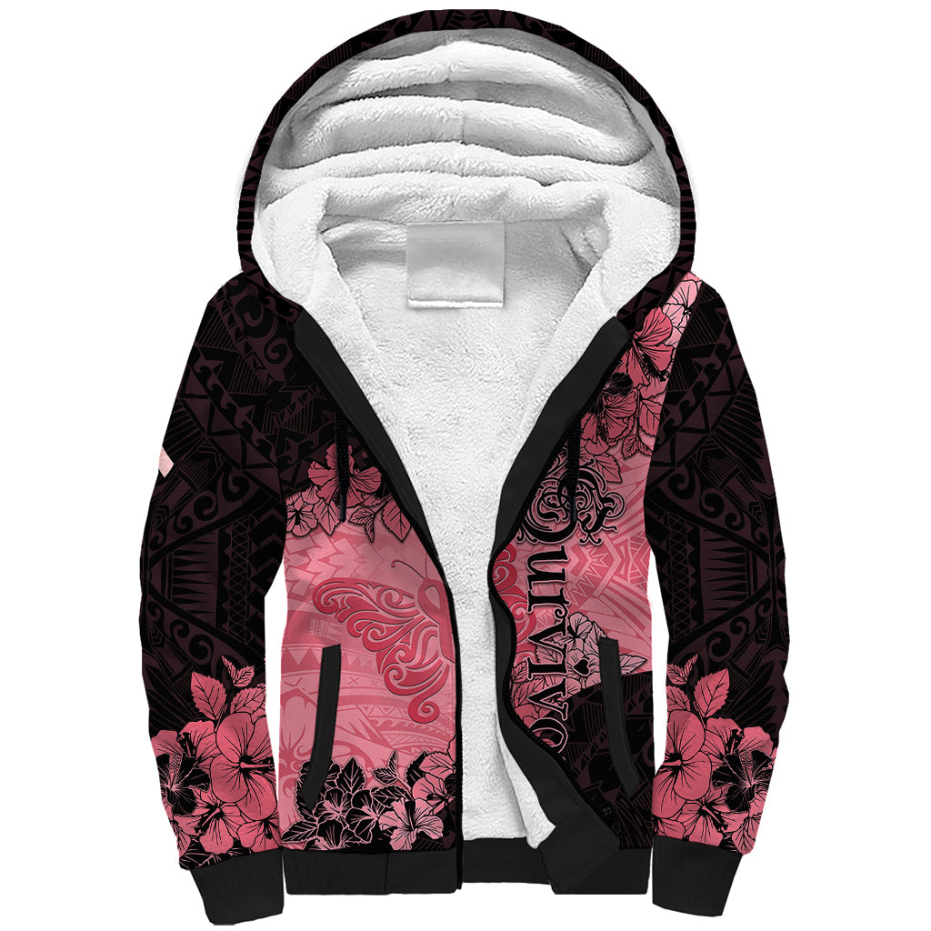 Personalized Breast Cancer Sherpa Hoodie Survivor Polynesian Ribbon Butterfly LT05 Unisex Pink - Polynesian Pride