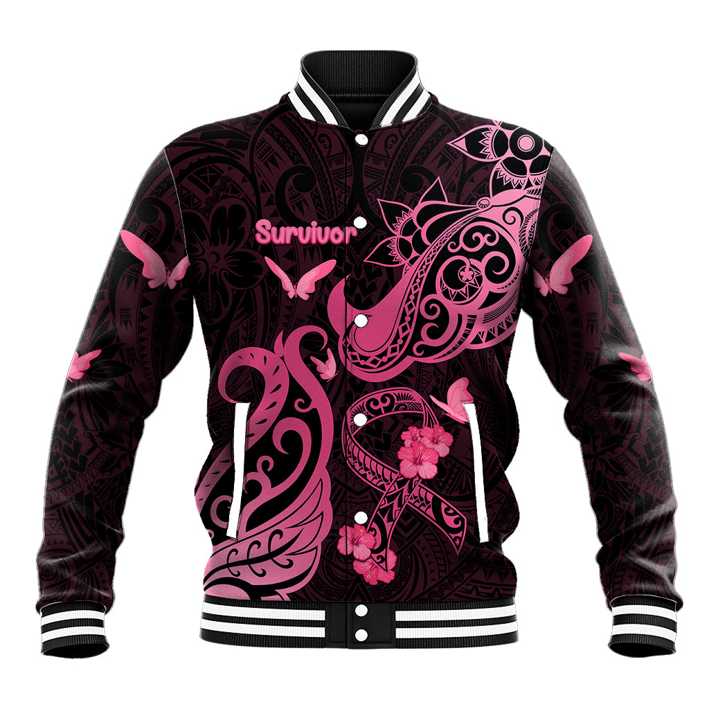 Breast Cancer Awareness Baseball Jacket Ribbon Polynesian Pattern Black Version LT05 Unisex Black - Polynesian Pride