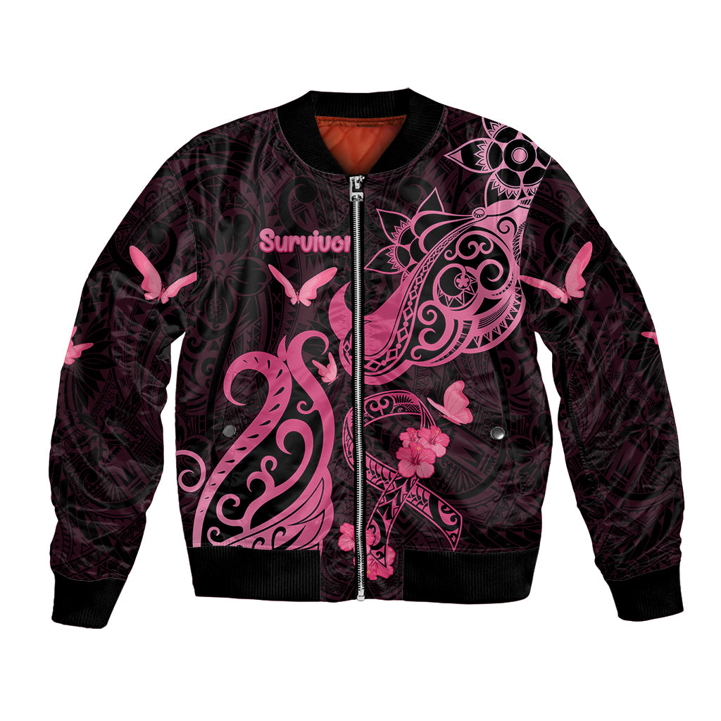 Breast Cancer Awareness Bomber Jacket Ribbon Polynesian Pattern Black Version LT05 Unisex Black - Polynesian Pride