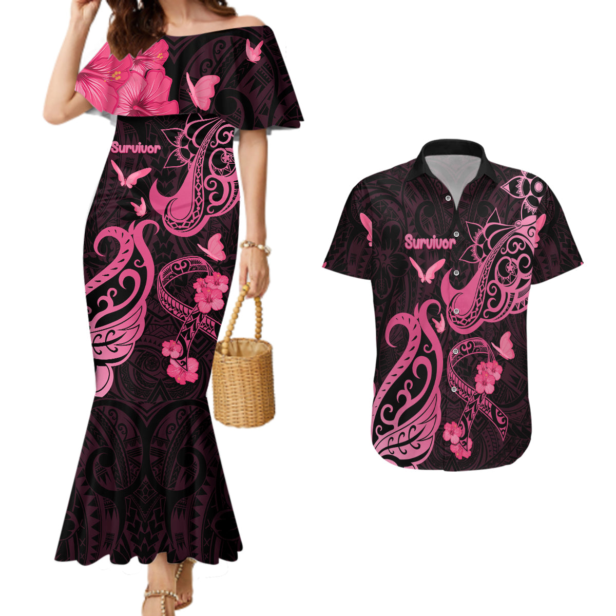 Breast Cancer Awareness Couples Matching Mermaid Dress and Hawaiian Shirt Ribbon Polynesian Pattern Black Version LT05 Black - Polynesian Pride