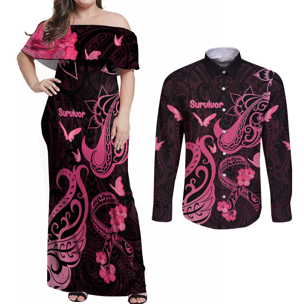 Breast Cancer Awareness Couples Matching Off Shoulder Maxi Dress and Long Sleeve Button Shirts Ribbon Polynesian Pattern Black Version LT05 Black - Polynesian Pride