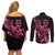 Breast Cancer Awareness Couples Matching Off Shoulder Short Dress and Long Sleeve Button Shirts Ribbon Polynesian Pattern Black Version LT05 - Polynesian Pride