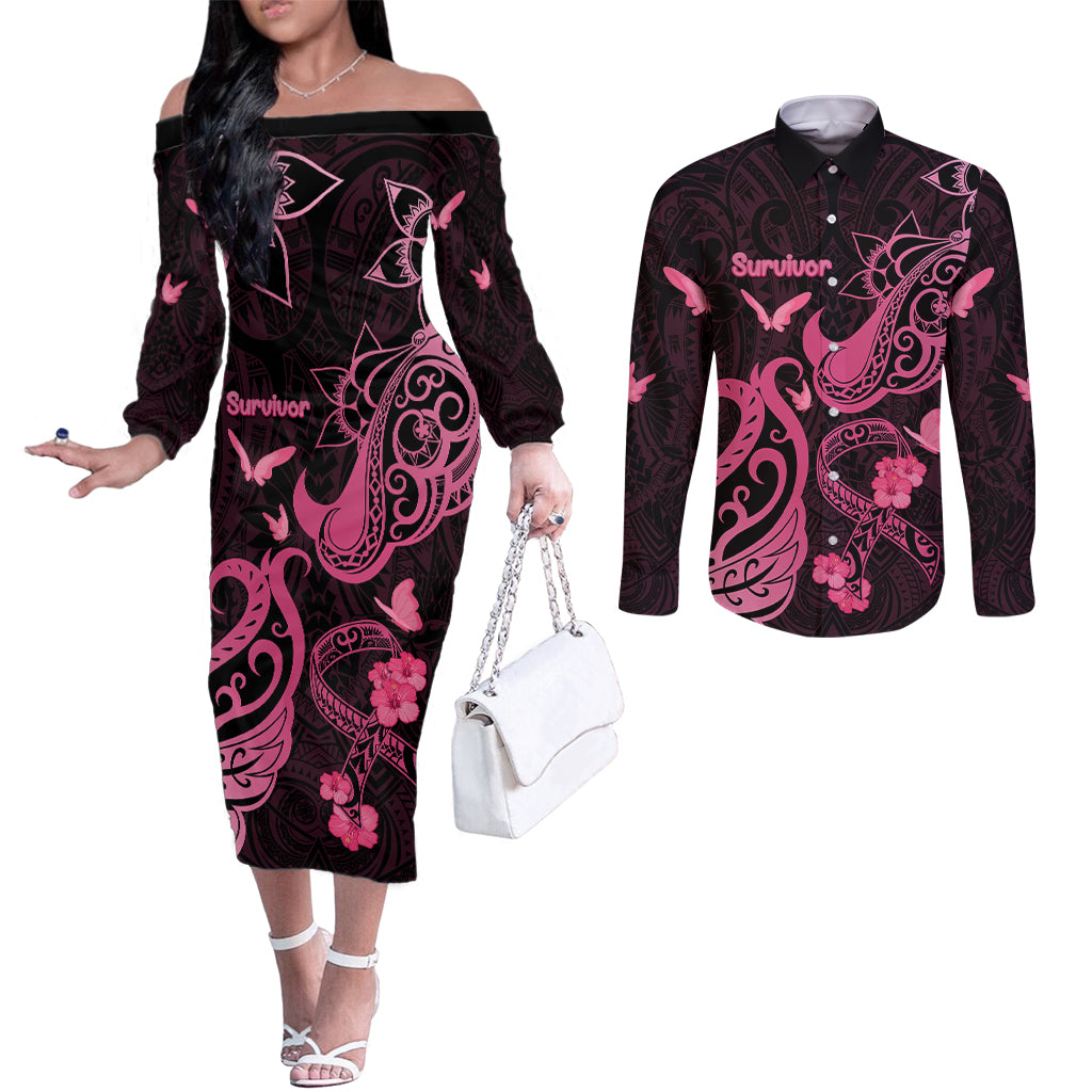 Breast Cancer Awareness Couples Matching Off The Shoulder Long Sleeve Dress and Long Sleeve Button Shirts Ribbon Polynesian Pattern Black Version LT05 Black - Polynesian Pride