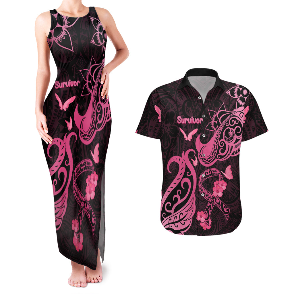 Breast Cancer Awareness Couples Matching Tank Maxi Dress and Hawaiian Shirt Ribbon Polynesian Pattern Black Version LT05 Black - Polynesian Pride