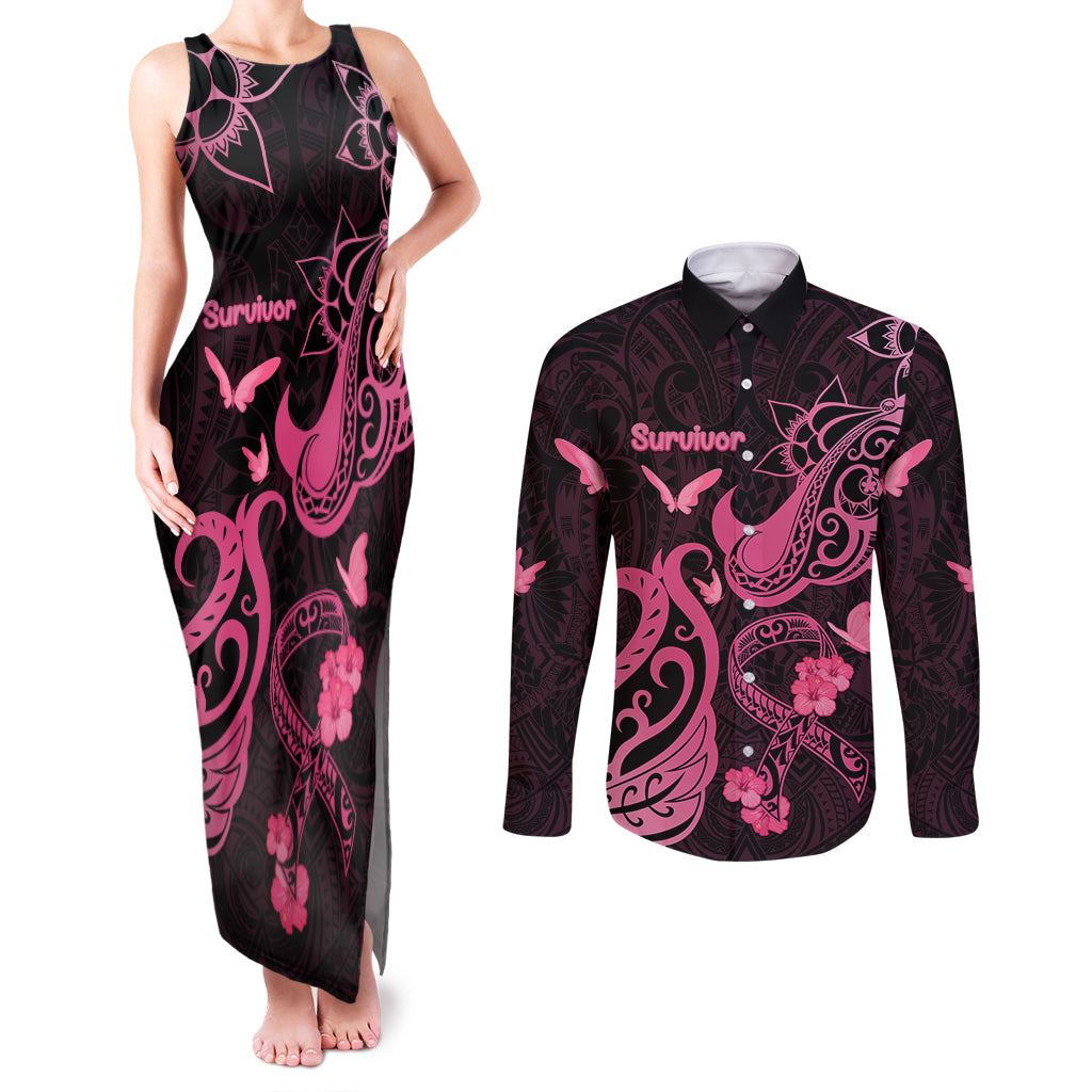 Breast Cancer Awareness Couples Matching Tank Maxi Dress and Long Sleeve Button Shirts Ribbon Polynesian Pattern Black Version LT05 Black - Polynesian Pride