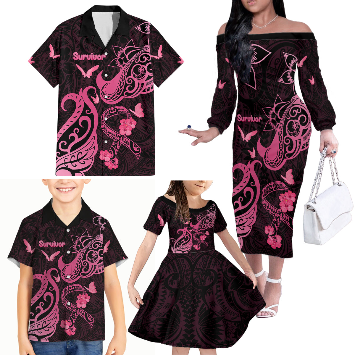 Breast Cancer Awareness Family Matching Off Shoulder Long Sleeve Dress and Hawaiian Shirt Ribbon Polynesian Pattern Black Version LT05 - Polynesian Pride