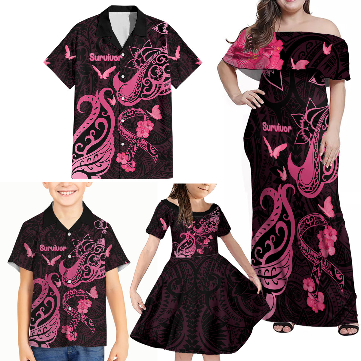 Breast Cancer Awareness Family Matching Off Shoulder Maxi Dress and Hawaiian Shirt Ribbon Polynesian Pattern Black Version LT05 - Polynesian Pride