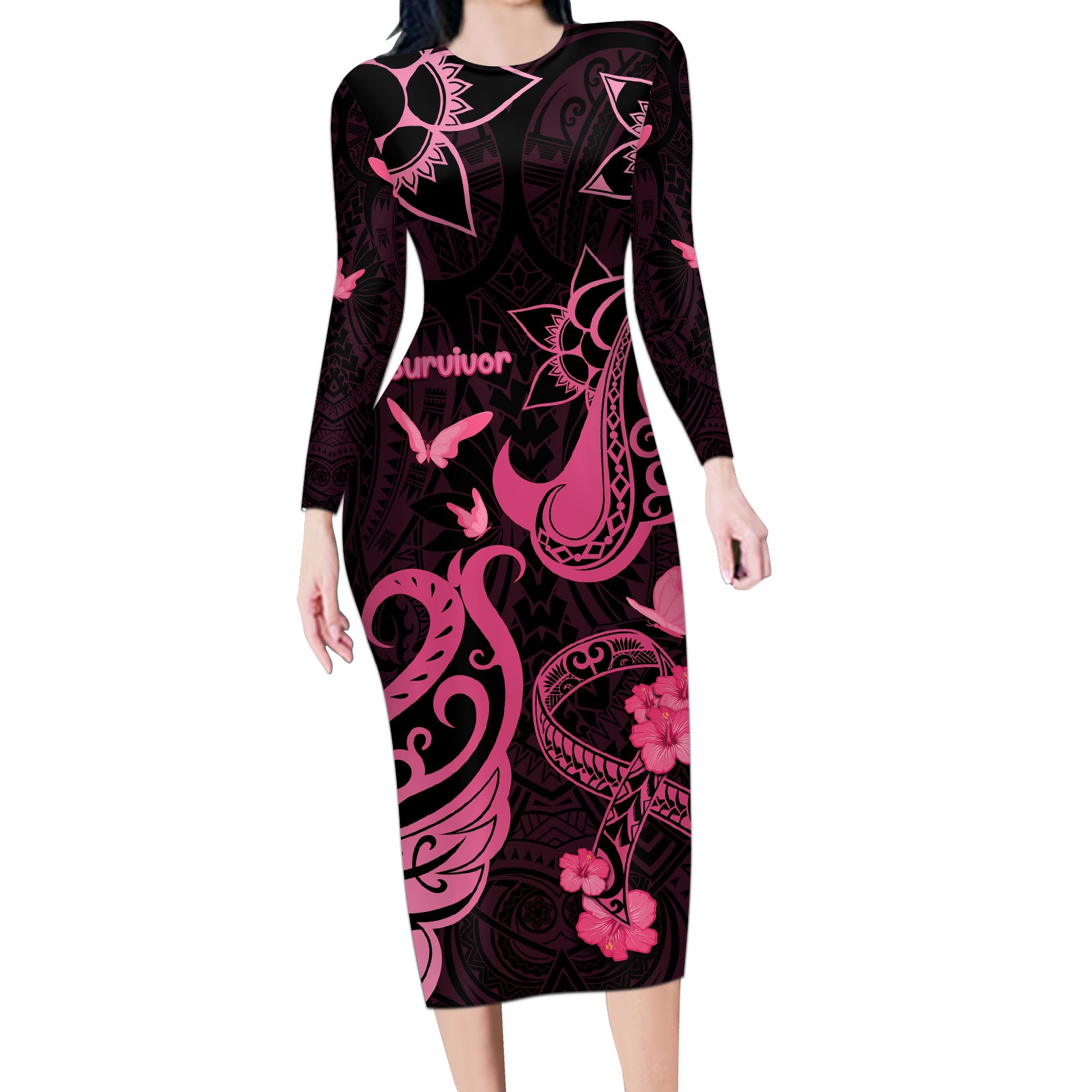 Breast Cancer Awareness Long Sleeve Bodycon Dress Ribbon Polynesian Pattern Black Version LT05 Long Dress Black - Polynesian Pride