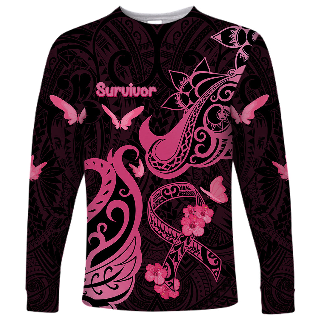 Breast Cancer Awareness Long Sleeve Shirt Ribbon Polynesian Pattern Black Version LT05 Unisex Black - Polynesian Pride