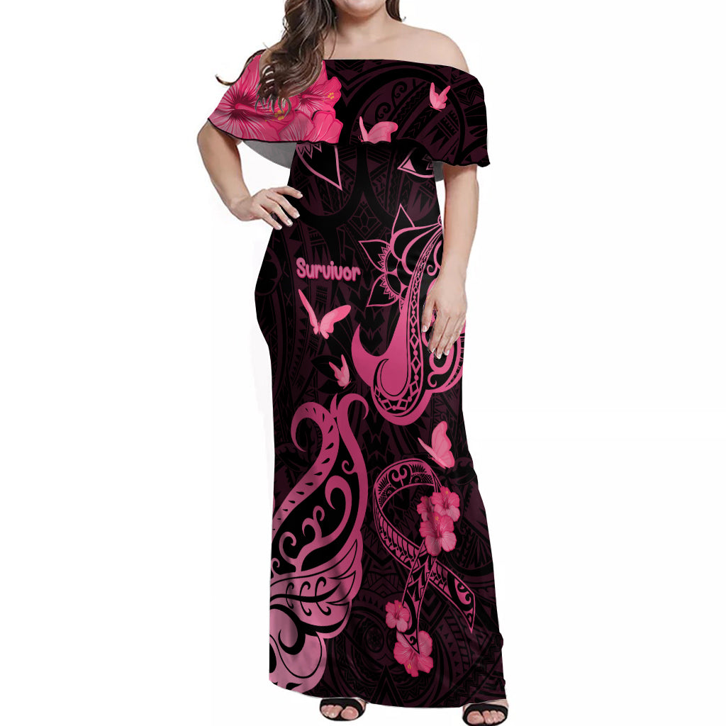 Breast Cancer Awareness Off Shoulder Maxi Dress Ribbon Polynesian Pattern Black Version LT05 Women Black - Polynesian Pride