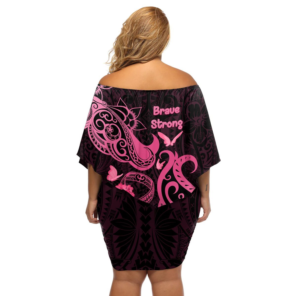 Breast Cancer Awareness Off Shoulder Short Dress Ribbon Polynesian Pattern Black Version LT05 - Polynesian Pride