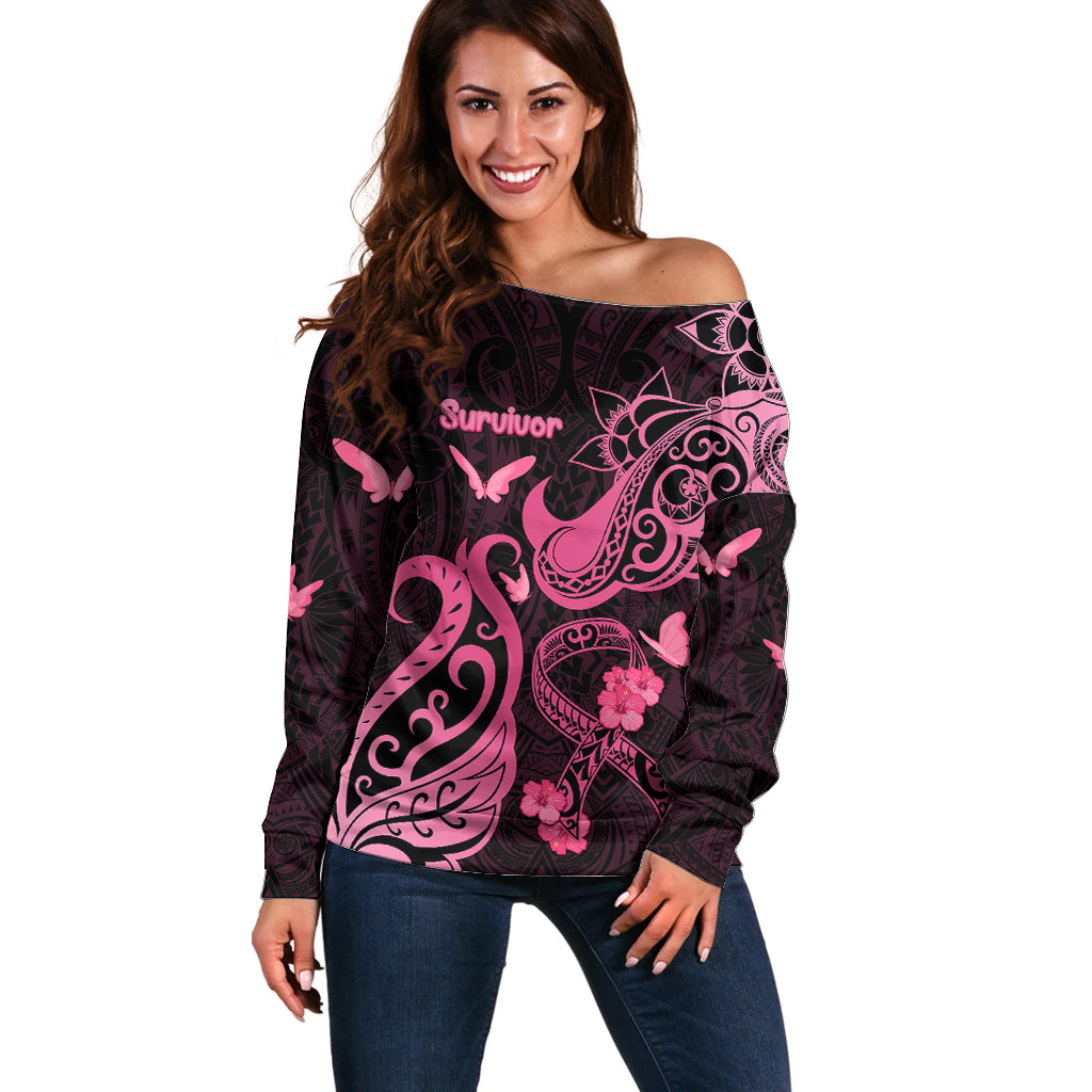 Breast Cancer Awareness Off Shoulder Sweater Ribbon Polynesian Pattern Black Version LT05 Women Black - Polynesian Pride