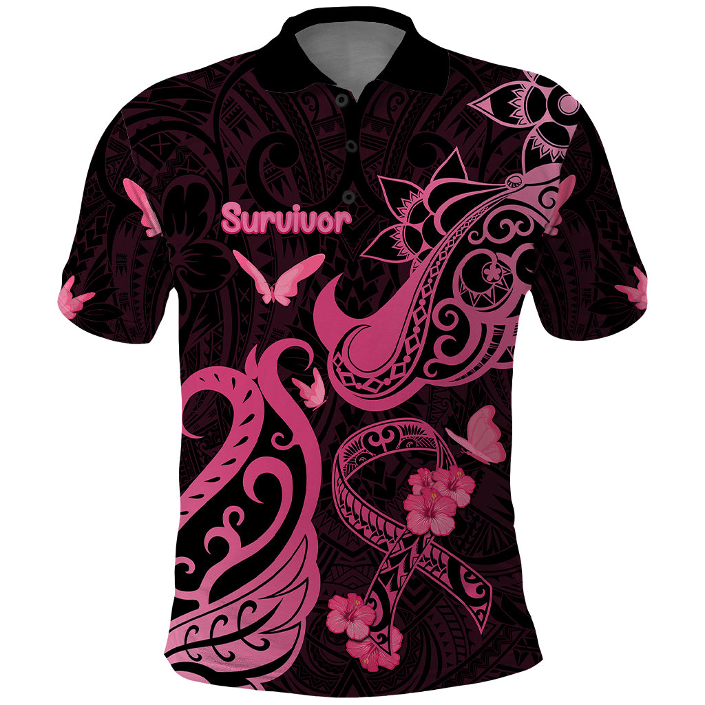 Breast Cancer Awareness Polo Shirt Ribbon Polynesian Pattern Black Version LT05 Black - Polynesian Pride