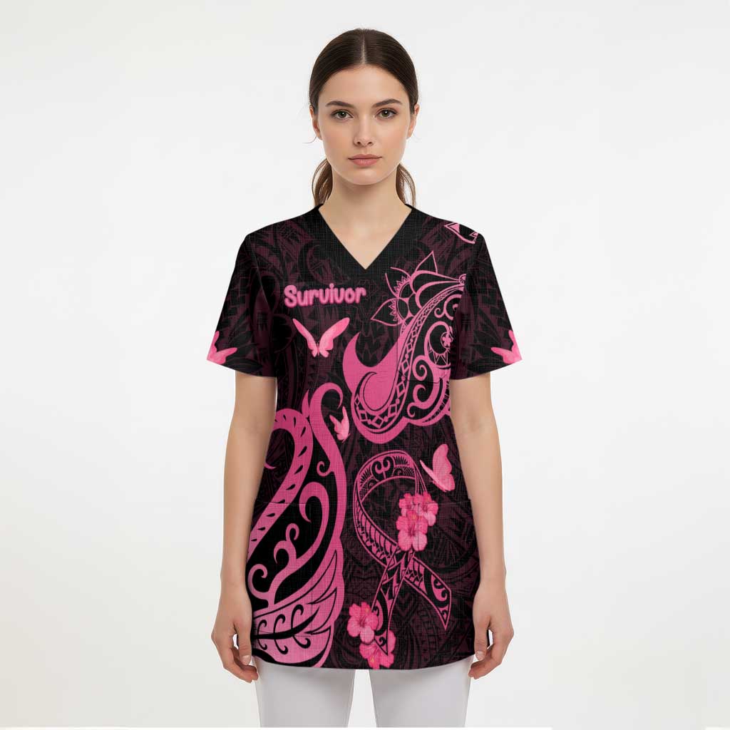Breast Cancer Awareness Scrub Top Ribbon Polynesian Pattern Black Version LT05 - Polynesian Pride