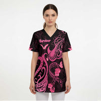 Breast Cancer Awareness Scrub Top Ribbon Polynesian Pattern Black Version LT05 - Polynesian Pride