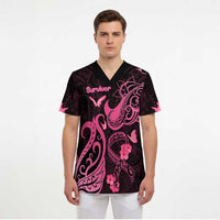 Breast Cancer Awareness Scrub Top Ribbon Polynesian Pattern Black Version LT05 - Polynesian Pride