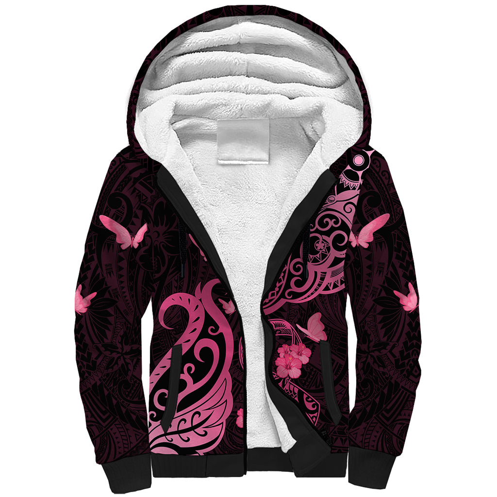 Breast Cancer Awareness Sherpa Hoodie Ribbon Polynesian Pattern Black Version LT05 Unisex Black - Polynesian Pride