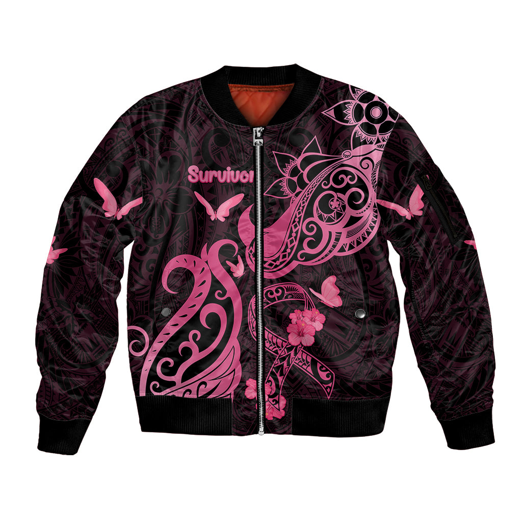 Breast Cancer Awareness Sleeve Zip Bomber Jacket Ribbon Polynesian Pattern Black Version LT05 Unisex Black - Polynesian Pride