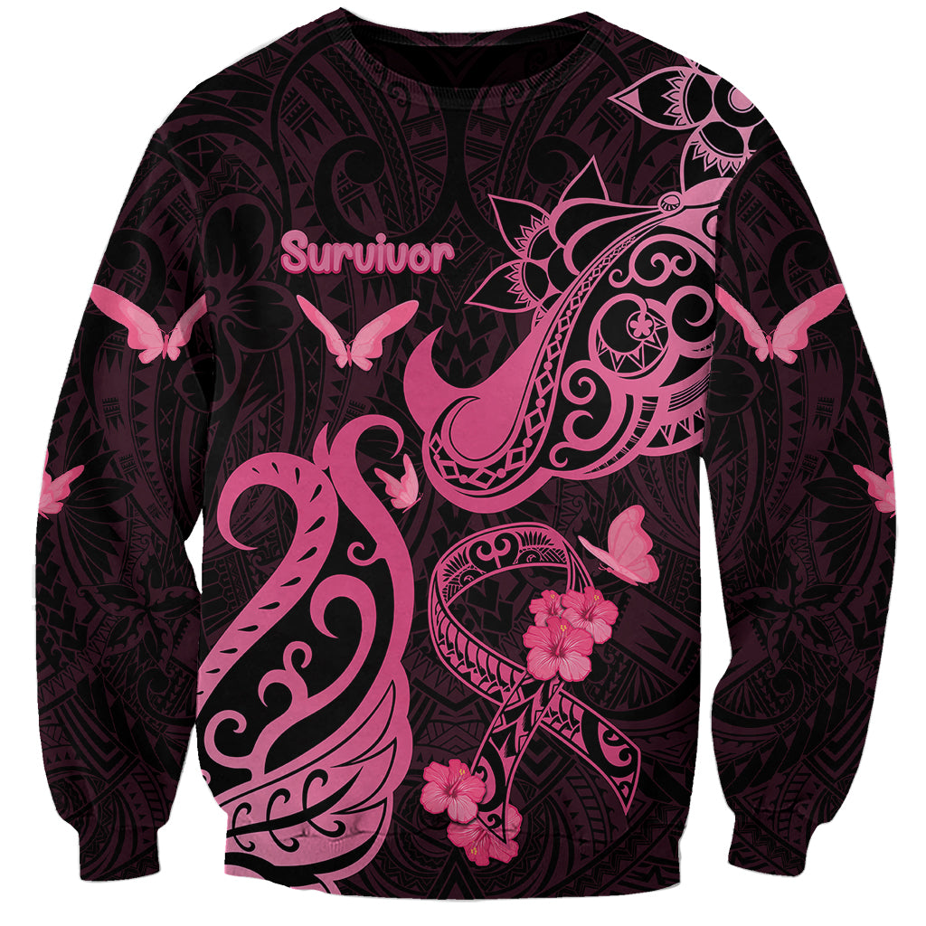 Breast Cancer Awareness Sweatshirt Ribbon Polynesian Pattern Black Version LT05 Unisex Black - Polynesian Pride