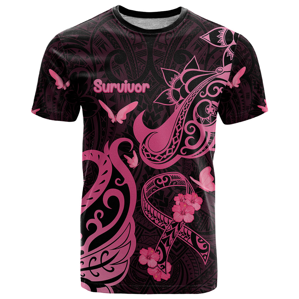 Breast Cancer Awareness T Shirt Ribbon Polynesian Pattern Black Version LT05 Black - Polynesian Pride