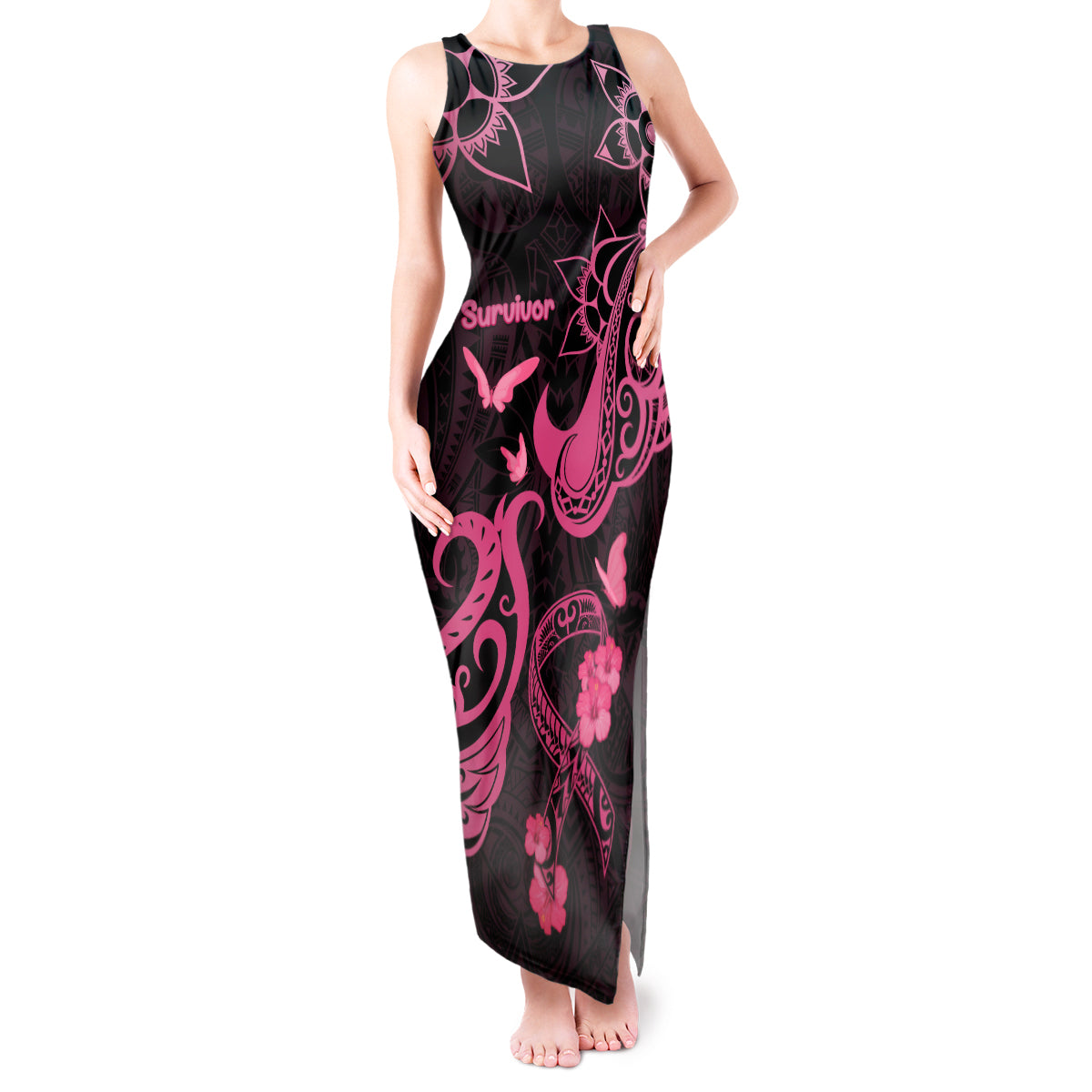 Breast Cancer Awareness Tank Maxi Dress Ribbon Polynesian Pattern Black Version LT05 Women Black - Polynesian Pride