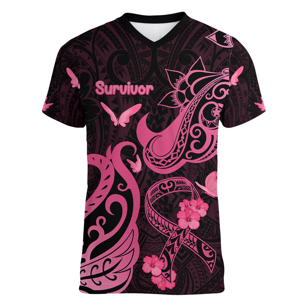 Breast Cancer Awareness Women V Neck T Shirt Ribbon Polynesian Pattern Black Version LT05 Female Black - Polynesian Pride