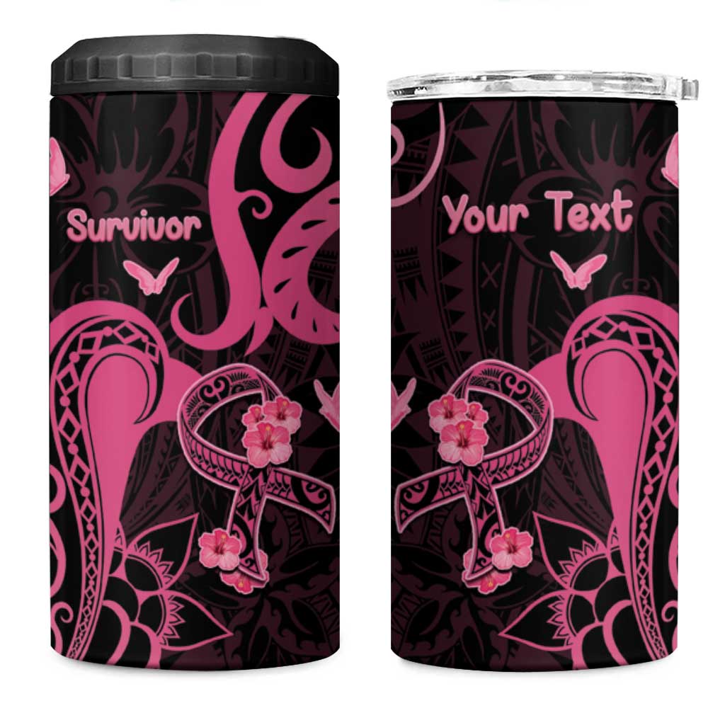 Personalised Breast Cancer Awareness 4 in 1 Can Cooler Tumbler Ribbon Polynesian Pattern Black Version