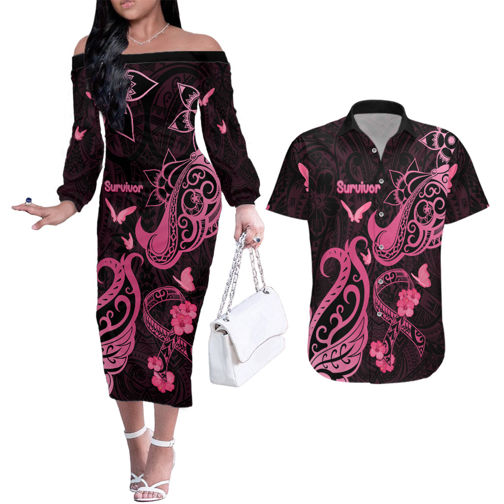 Personalized Breast Cancer Awareness Couples Matching Off The Shoulder Long Sleeve Dress and Hawaiian Shirt Ribbon Polynesian Pattern Black Version LT05 Black - Polynesian Pride