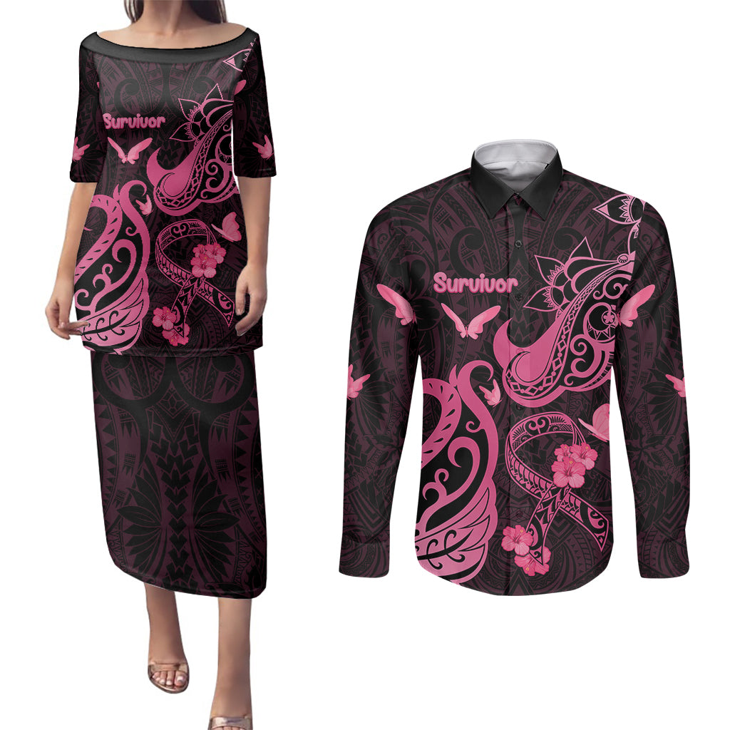 Personalized Breast Cancer Awareness Couples Matching Puletasi Dress and Long Sleeve Button Shirts Ribbon Polynesian Pattern Black Version LT05 Black - Polynesian Pride