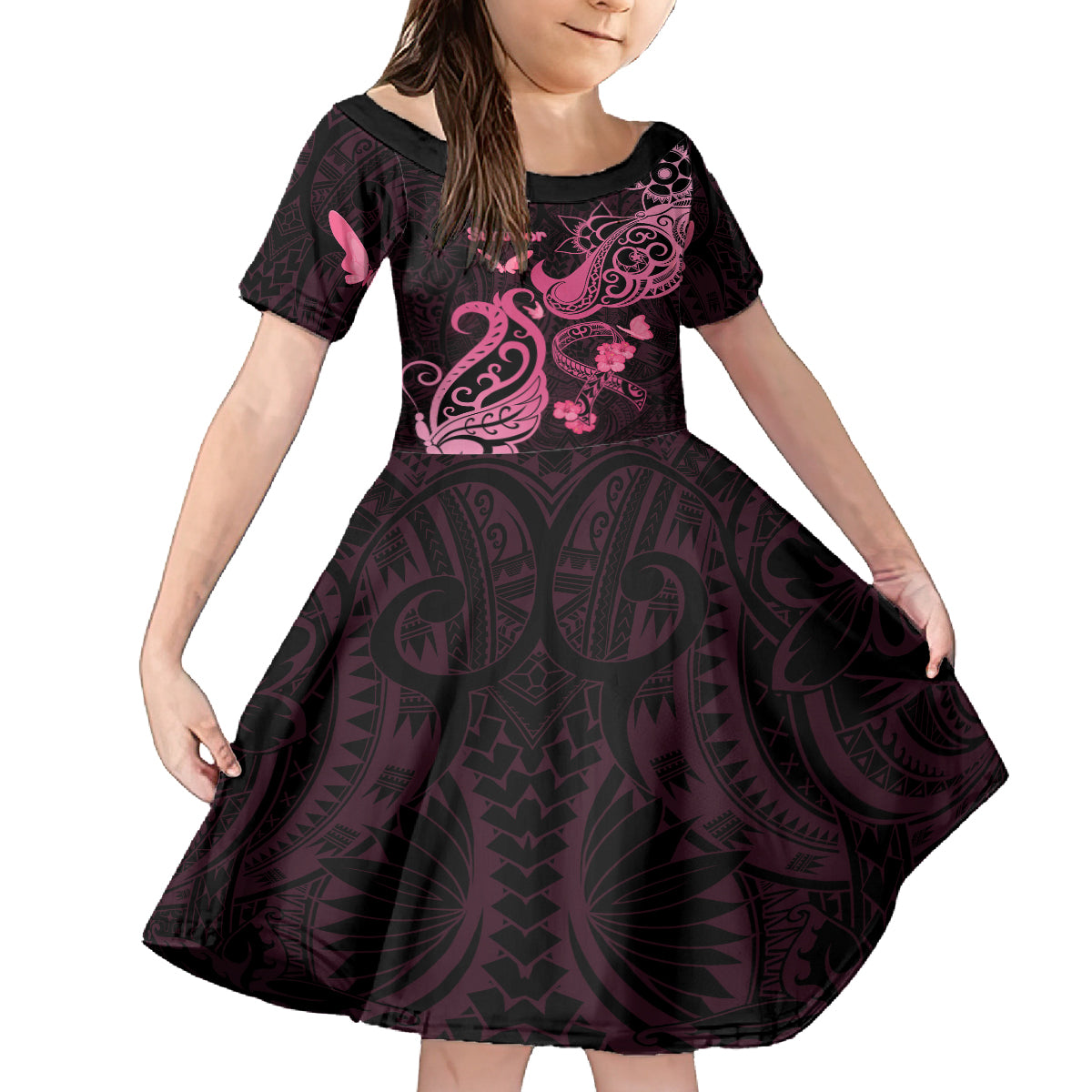 Personalized Breast Cancer Awareness Kid Short Sleeve Dress Ribbon Polynesian Pattern Black Version LT05 KID Black - Polynesian Pride