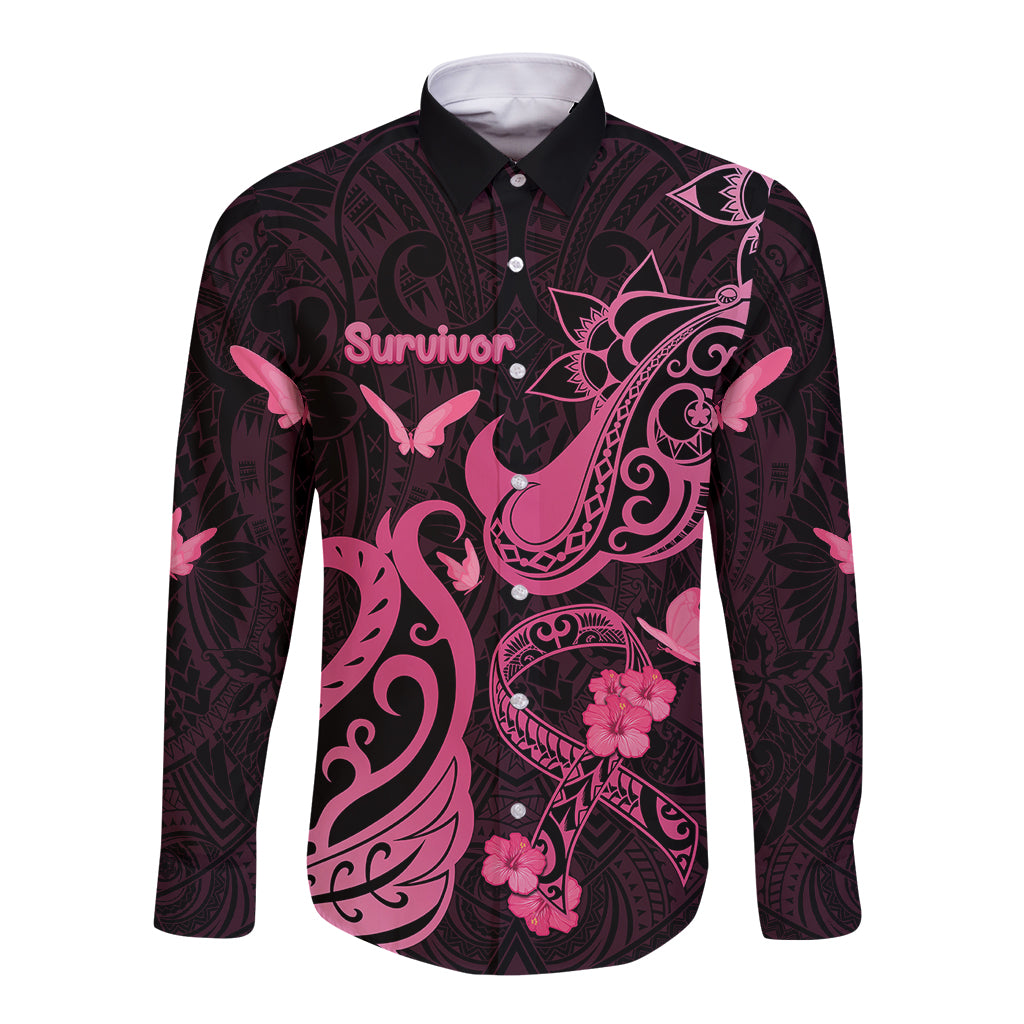 Personalized Breast Cancer Awareness Long Sleeve Button Shirt Ribbon Polynesian Pattern Black Version LT05 Unisex Black - Polynesian Pride