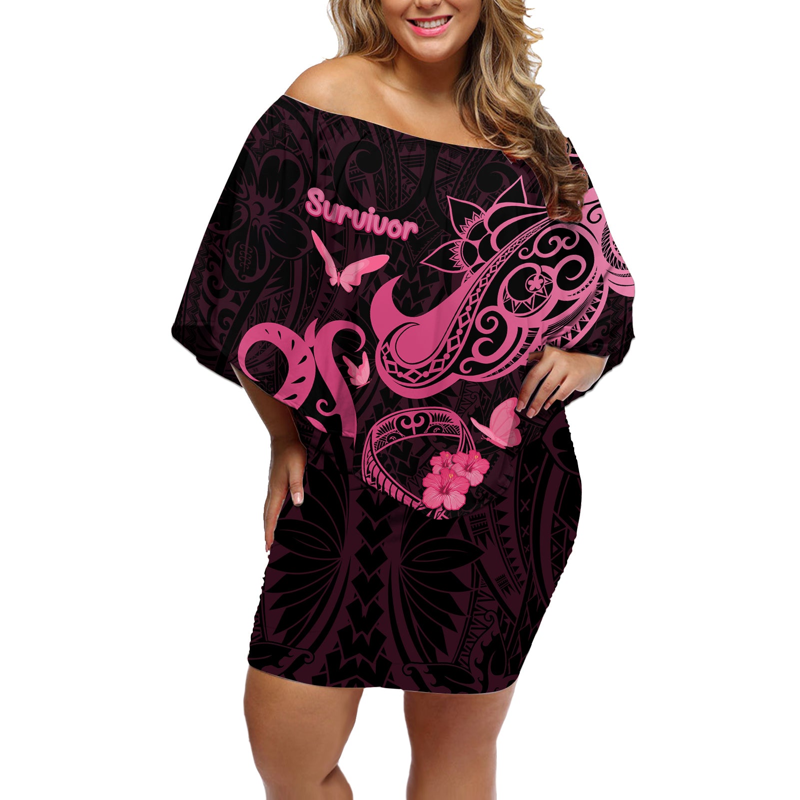 Personalized Breast Cancer Awareness Off Shoulder Short Dress Ribbon Polynesian Pattern Black Version LT05 Women Black - Polynesian Pride