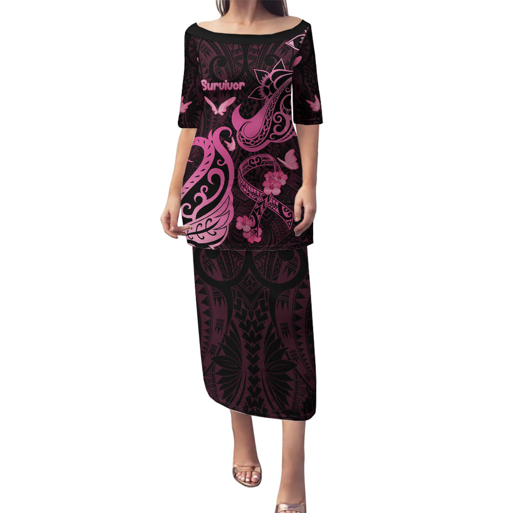 Personalized Breast Cancer Awareness Puletasi Ribbon Polynesian Pattern Black Version LT05 Long Dress Black - Polynesian Pride