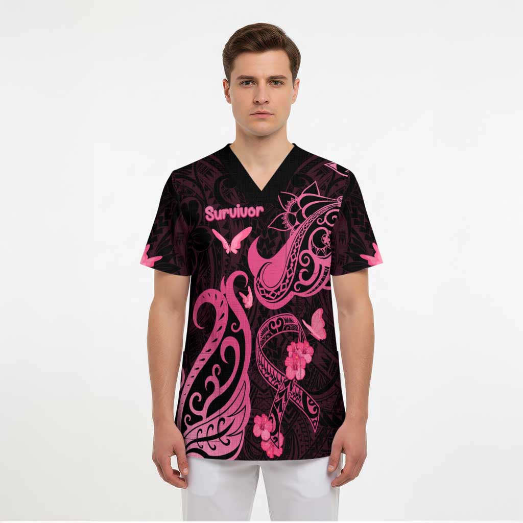Personalized Breast Cancer Awareness Scrub Top Ribbon Polynesian Pattern Black Version LT05 - Polynesian Pride