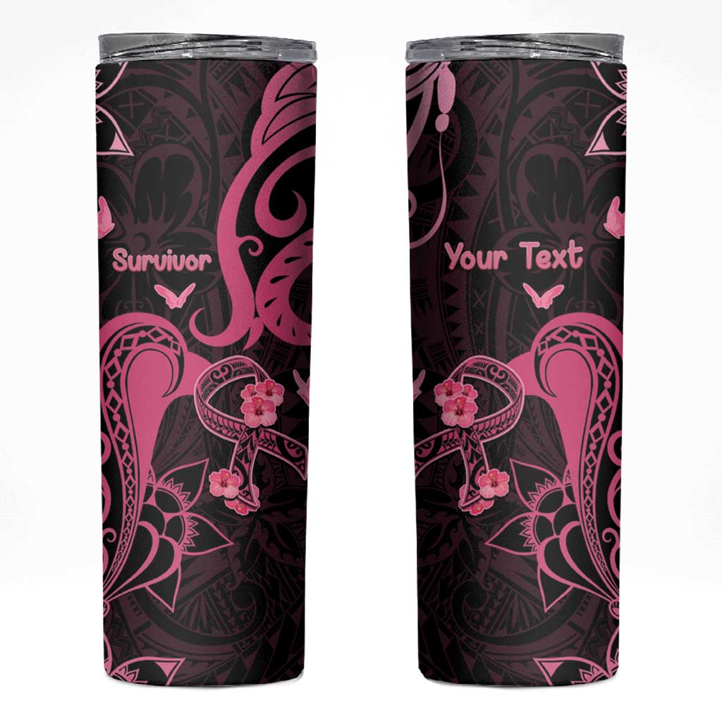 Personalised Breast Cancer Awareness Skinny Tumbler Ribbon Polynesian Pattern Black Version