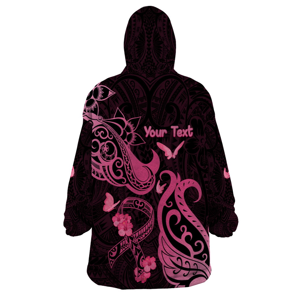 Personalized Breast Cancer Awareness Wearable Blanket Hoodie Ribbon Polynesian Pattern Black Version LT05 - Polynesian Pride