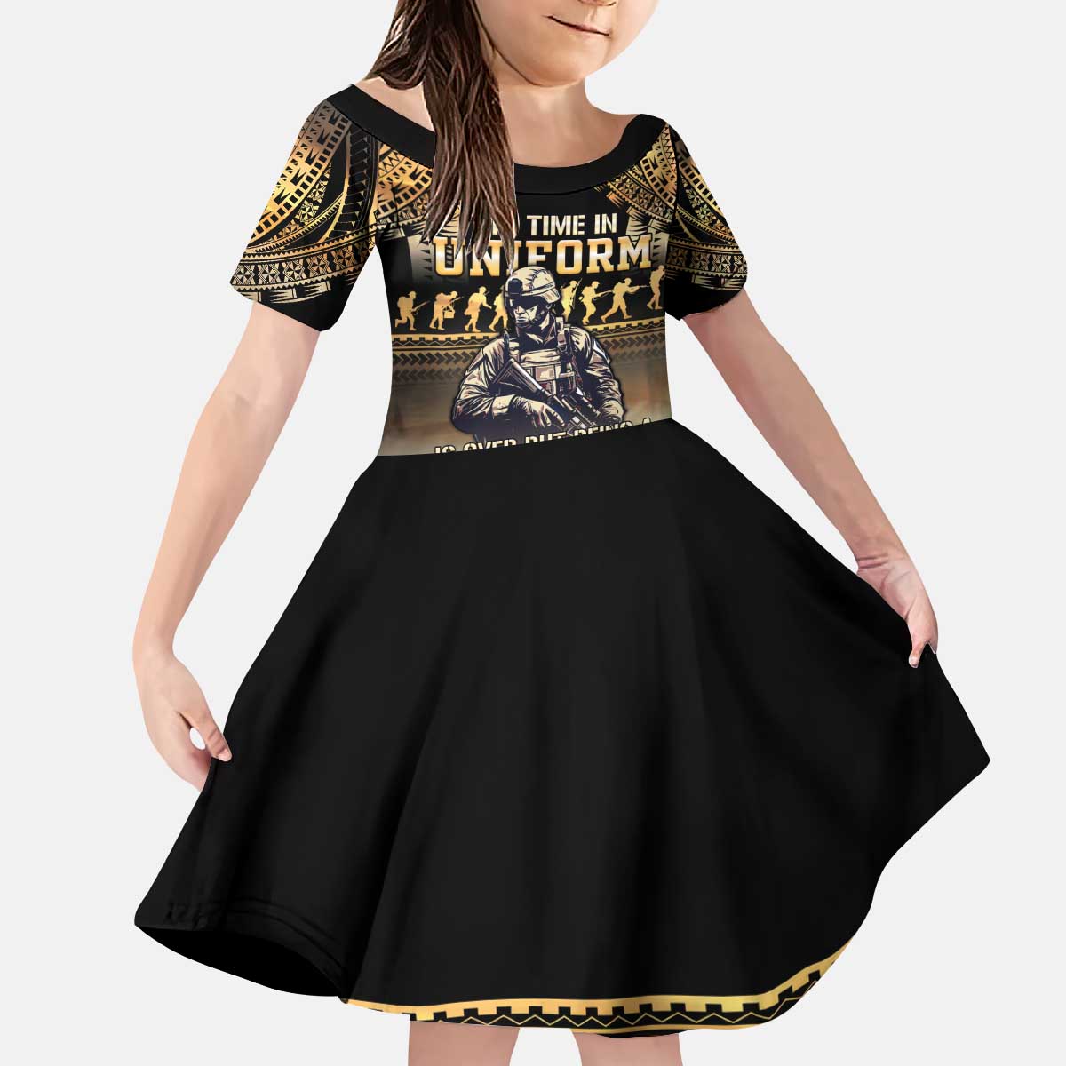 Polynesia Veterans Day Kid Short Sleeve Dress Thank You Veterans Polynesian Pattern LT05 KID Gold - Polynesian Pride