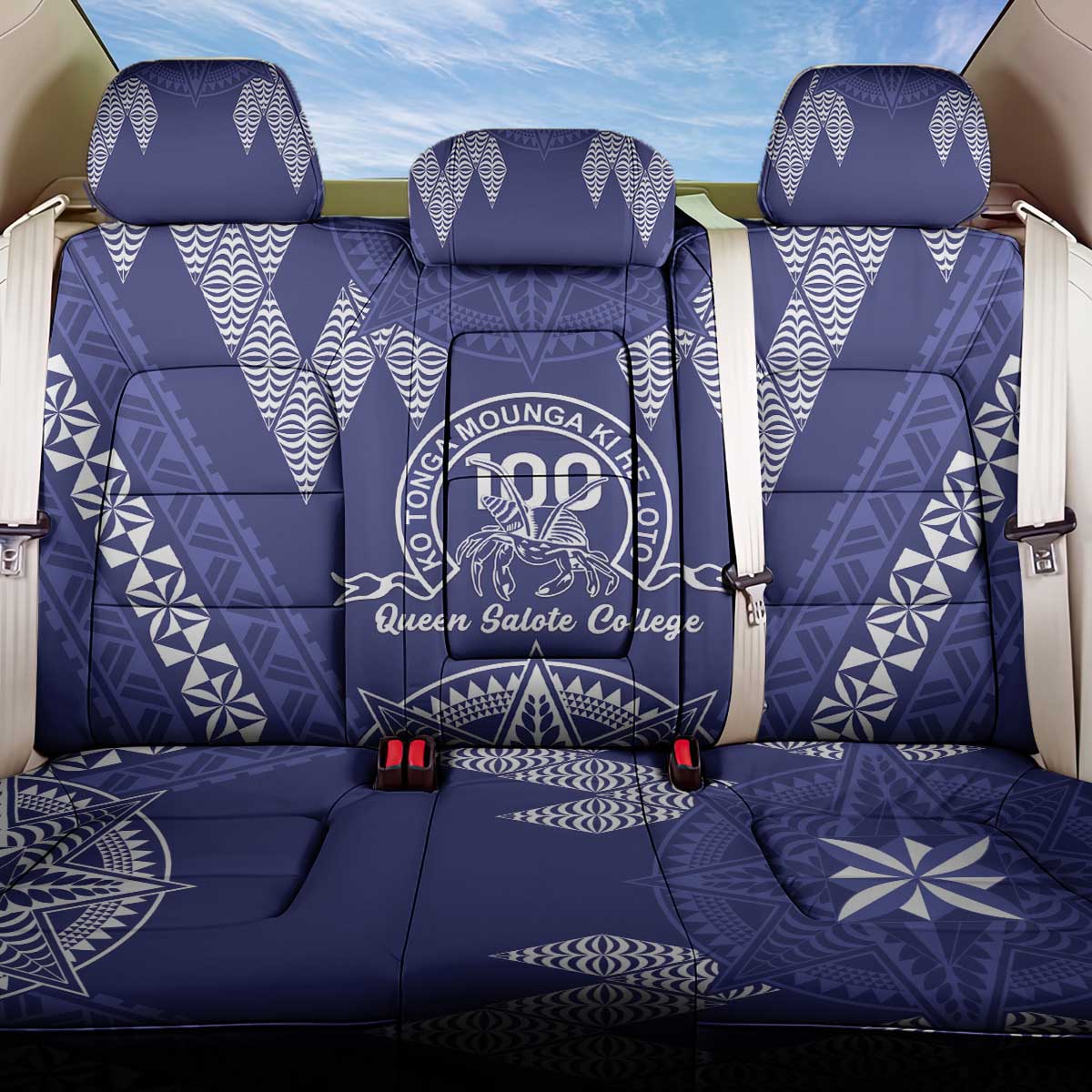 Queen Salote College Centenary Back Car Seat Cover Tongan Kupesi Pattern LT05 One Size Navy - Polynesian Pride