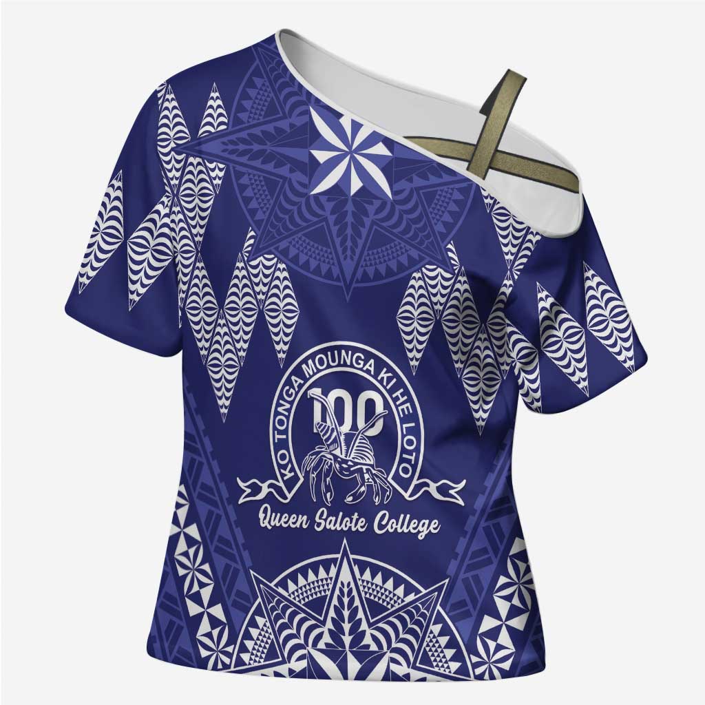 Personalised Queen Salote College Centenary Cross Shoulder Shirt Tongan Kupesi Pattern LT05 Female Navy - Polynesian Pride