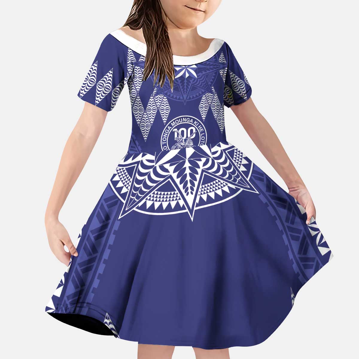 Personalised Queen Salote College Centenary Kid Short Sleeve Dress Tongan Kupesi Pattern LT05 KID Navy - Polynesian Pride