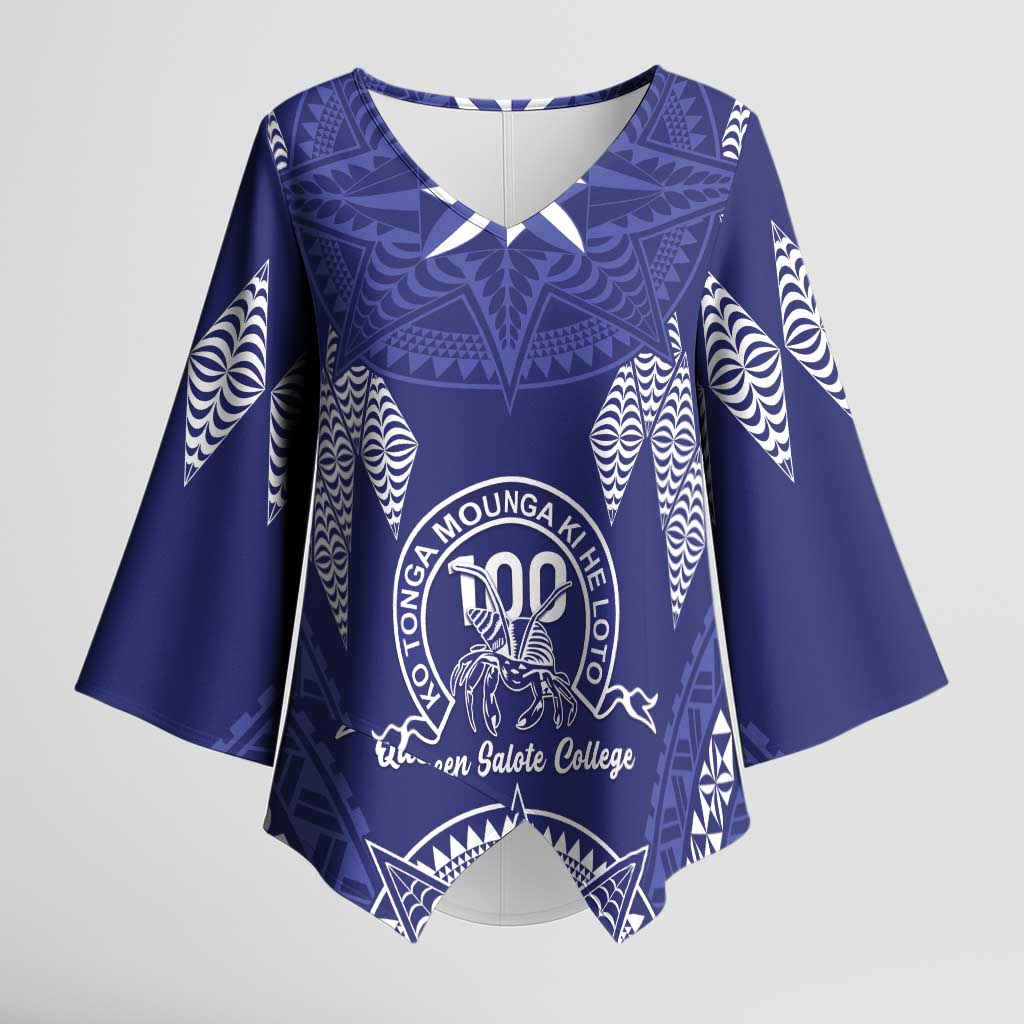 Personalised Queen Salote College Centenary Kimono Sleeve Blouse Tongan Kupesi Pattern LT05 Female Navy - Polynesian Pride