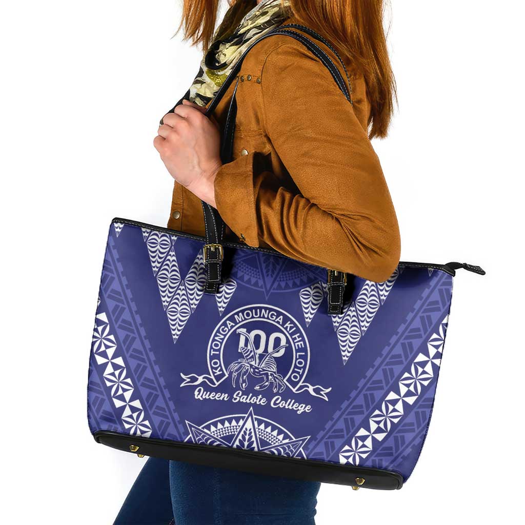 Queen Salote College Centenary Leather Tote Bag Tongan Kupesi Pattern LT05 Navy - Polynesian Pride