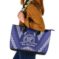 Queen Salote College Centenary Leather Tote Bag Tongan Kupesi Pattern LT05 Navy - Polynesian Pride