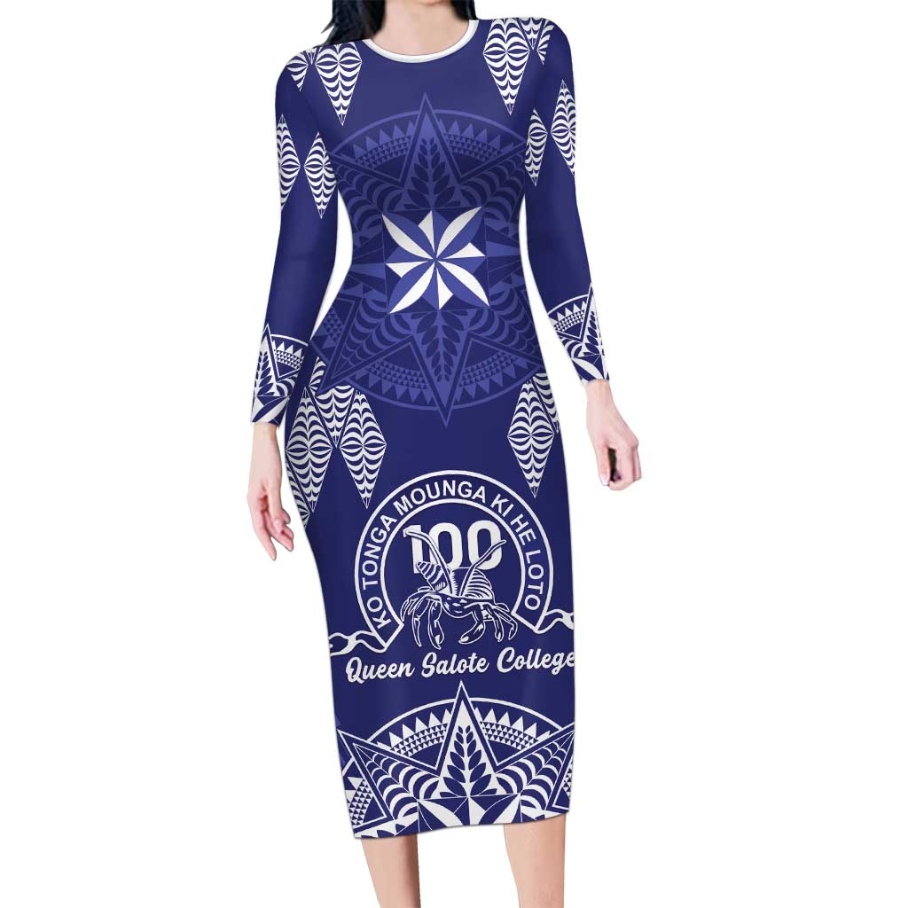 Personalised Queen Salote College Centenary Long Sleeve Bodycon Dress Tongan Kupesi Pattern LT05 Long Dress Navy - Polynesian Pride