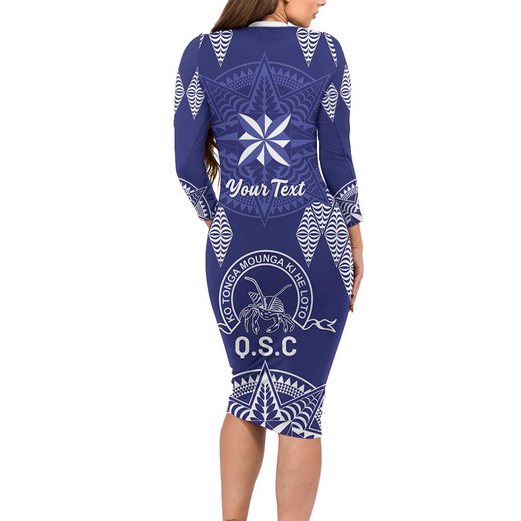 Personalised Queen Salote College Centenary Long Sleeve Bodycon Dress Tongan Kupesi Pattern LT05 - Polynesian Pride