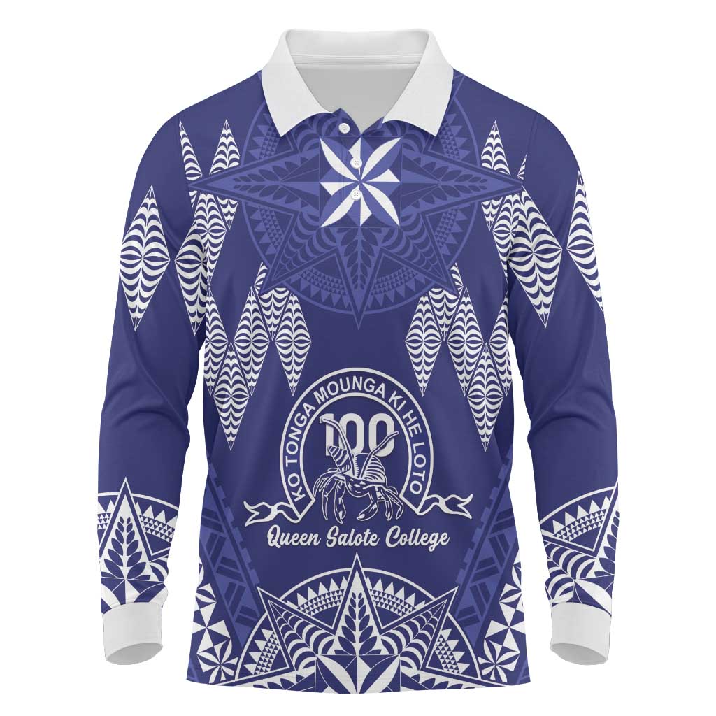 Personalised Queen Salote College Centenary Long Sleeve Polo Shirt Tongan Kupesi Pattern LT05 Navy - Polynesian Pride